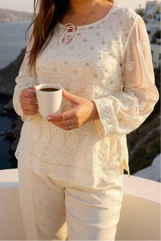 Ivory Chikankari & Mukaish Co-Ord Set with Tissue Applique