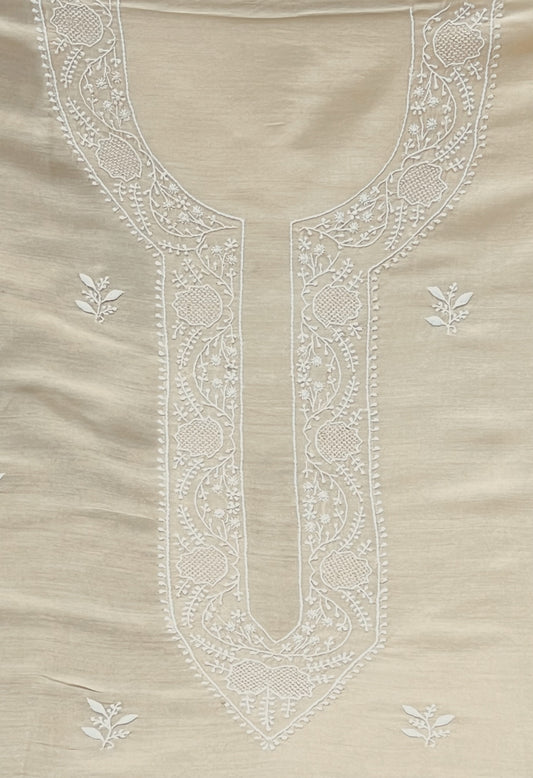 Neckline of Pure Munga Silk Chikankari Kurta for Men