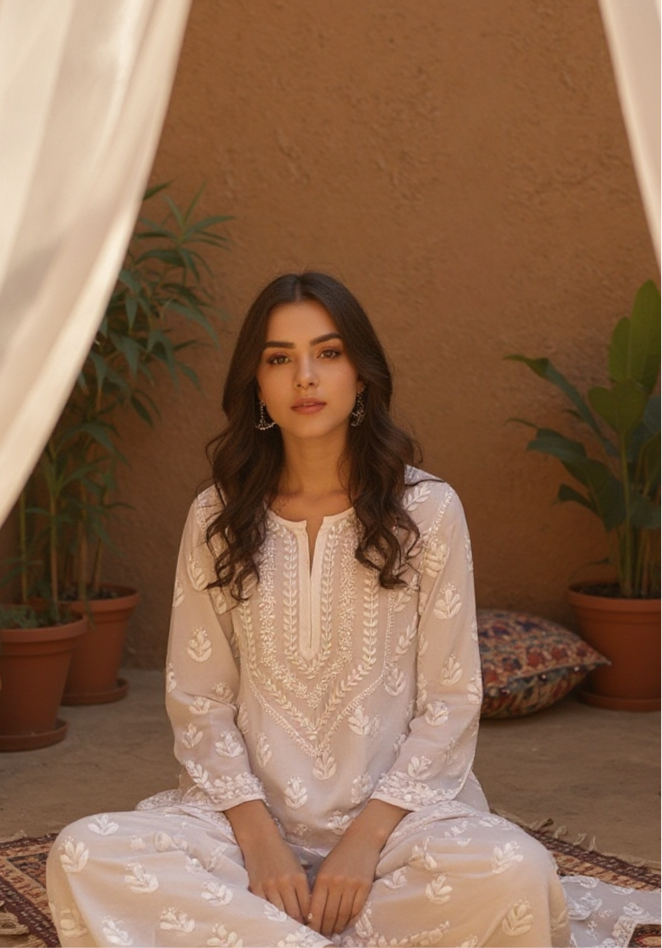 White Cotton Kurti with Chikankari