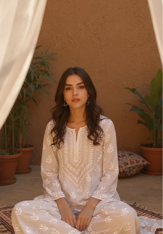 White Cotton Kurti with Chikankari