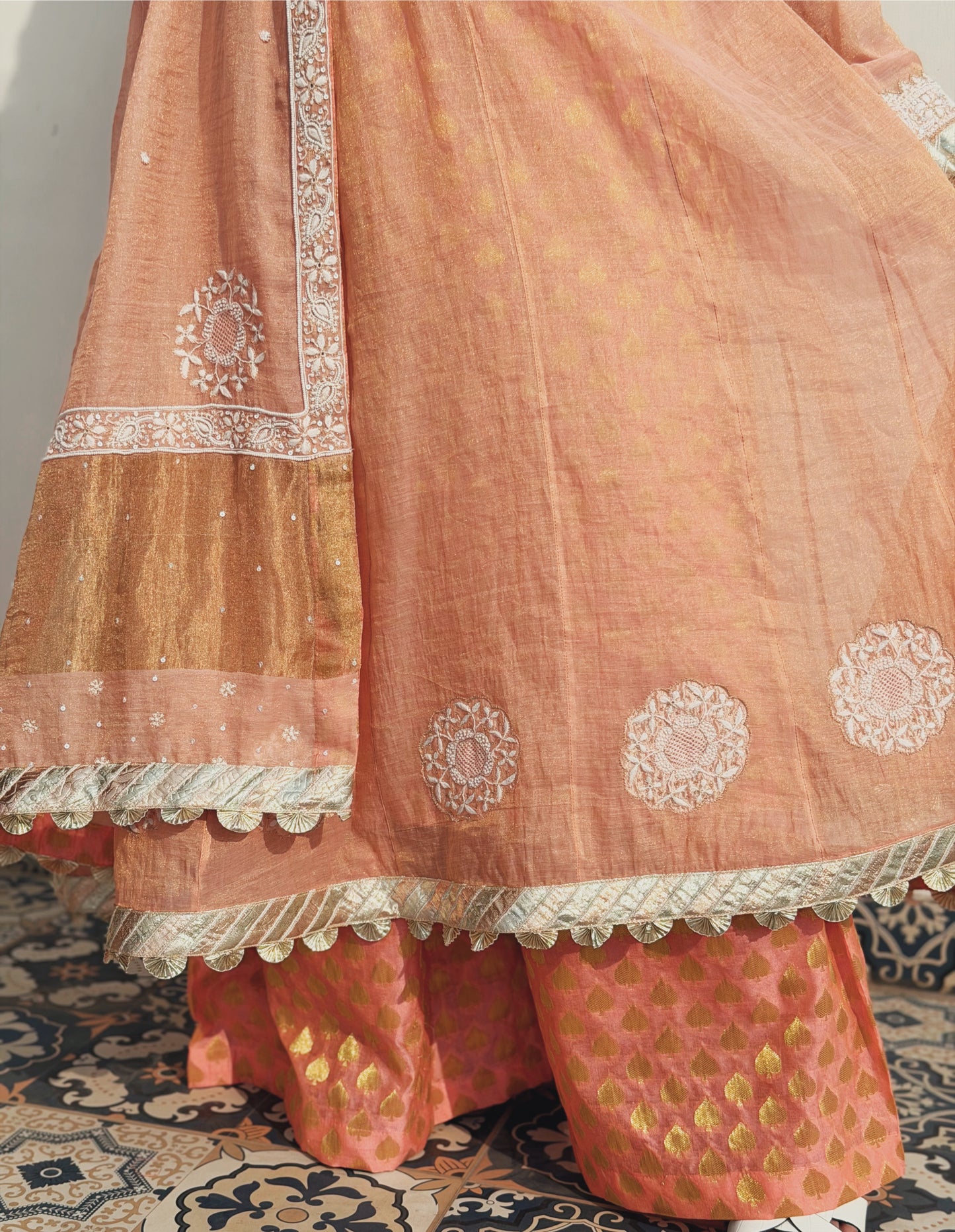 Blush Peach Tissue Chanderi Anarkali with Chikankari & Brocade Sharara