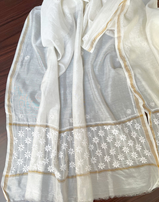 Chanderi Dupatta with Hand-Embroidered Chikankari – Dyeable & Customizable