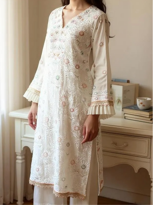 Off White Chikankari and Embellishments Suit