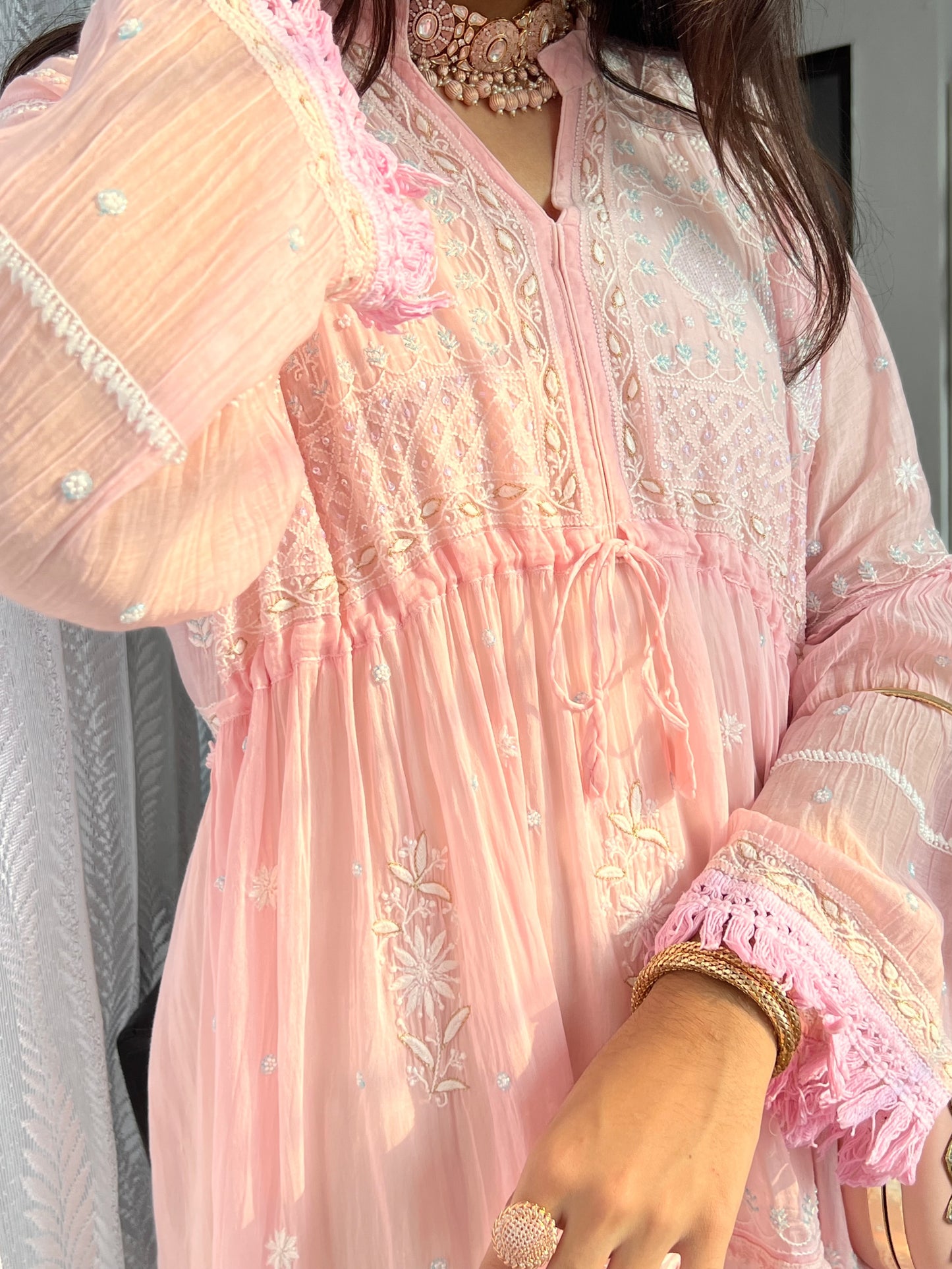 Powder Pink Dress with Chikankari & Embellishments