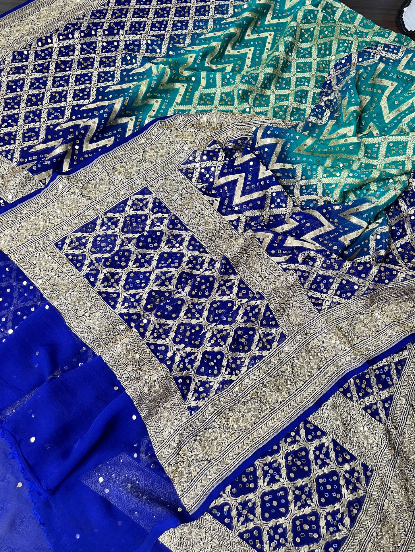 Royal Blue and Green Banarsi Bandhej Dupatta with Mukaish