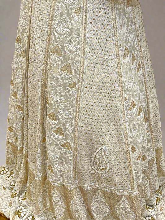Ivory & Gold Lehenga Skirt with Chikankari, Zardozi & Embellishments