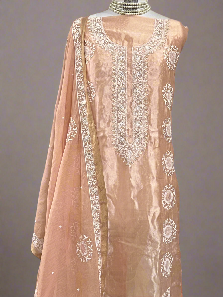Peach Pure Silk Suit with Chikankari & Embellishments
