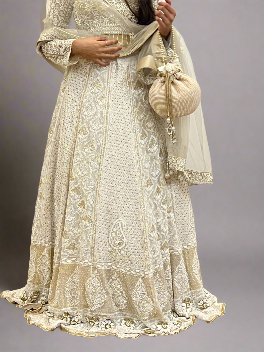 Ivory & Gold Lehenga Skirt with Chikankari, Zardozi & Embellishments