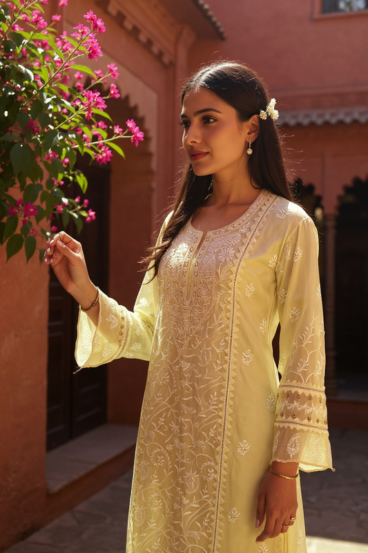 Ivory Chikankari Applique Maheshwari Cotton Embellished Suit