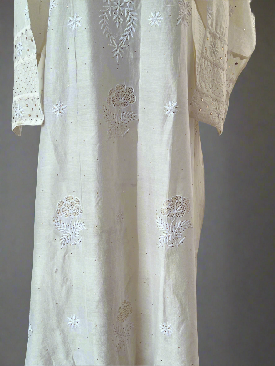 Pearl White Chanderi Kurti with Chikankari, Appliqué & Kamdani