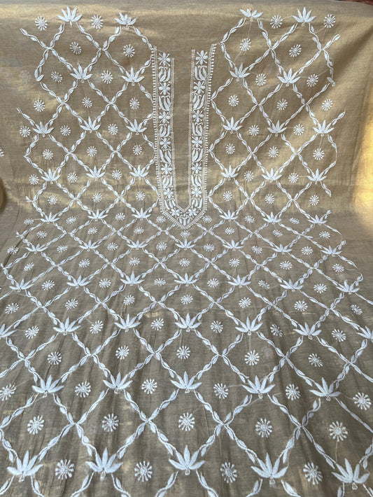 Close up of Chikankari Kurta for Men- Tissue Silk