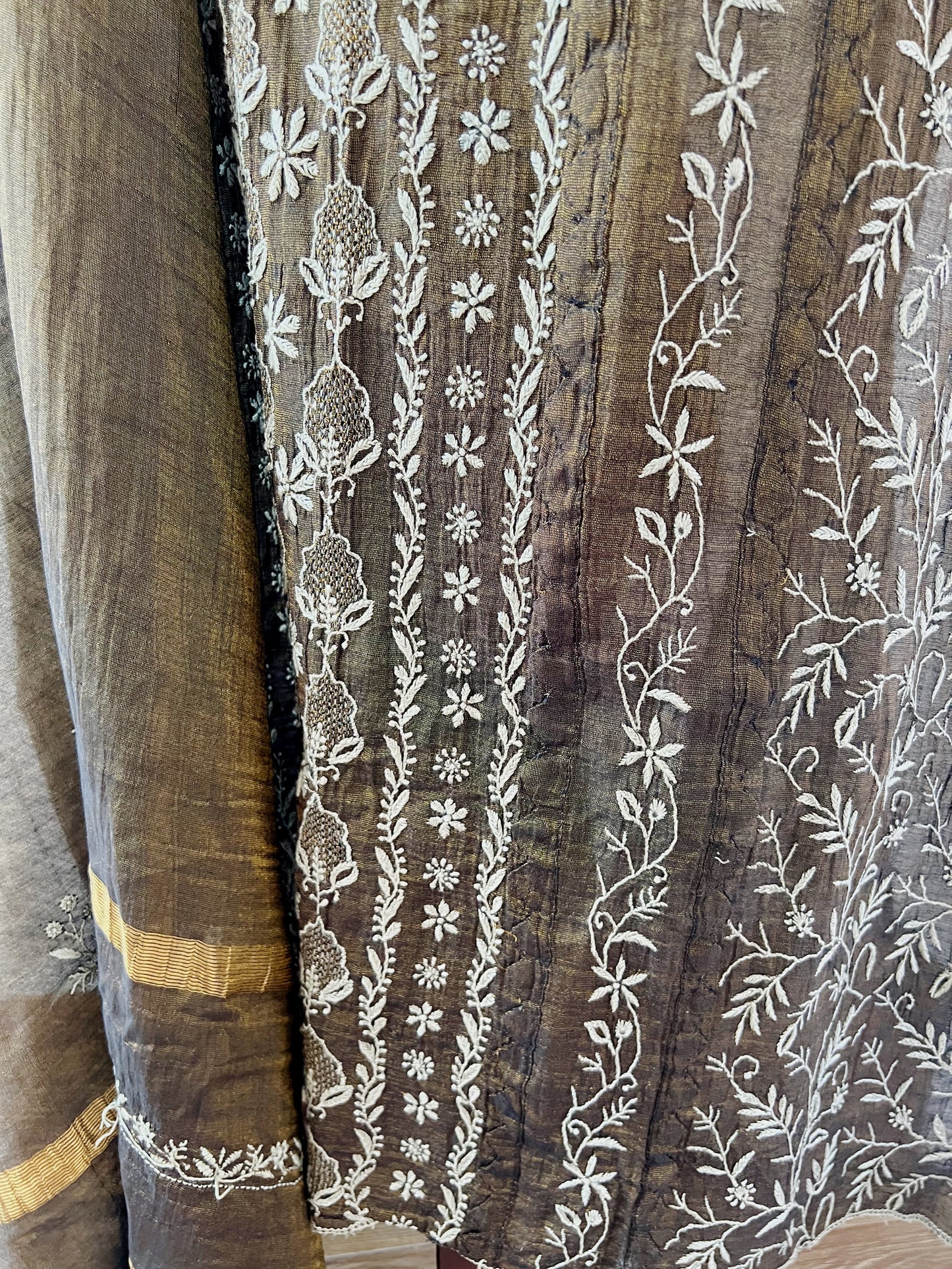 Black Golden Tissue Chanderi Silk with Chikankari, Appliqué & Haath Jaali