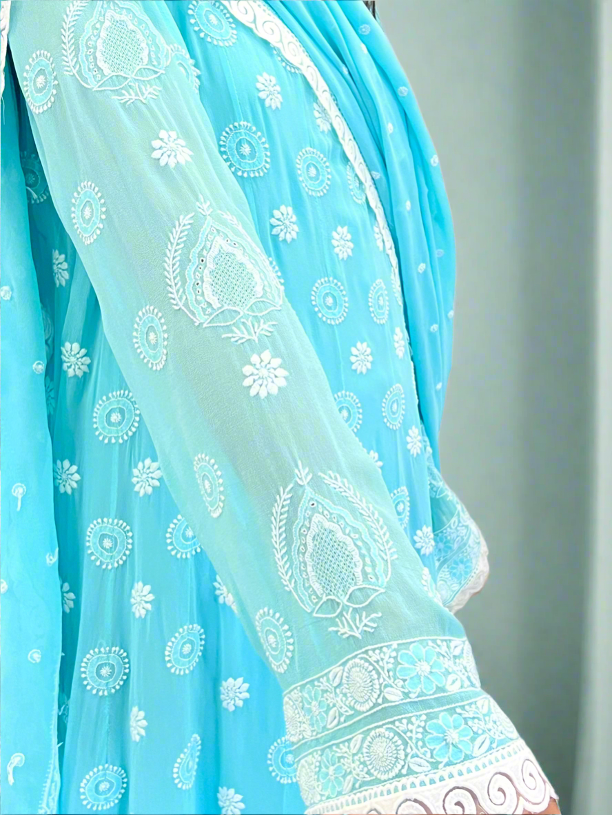 Aqua Blue Anarkali with Chikankari