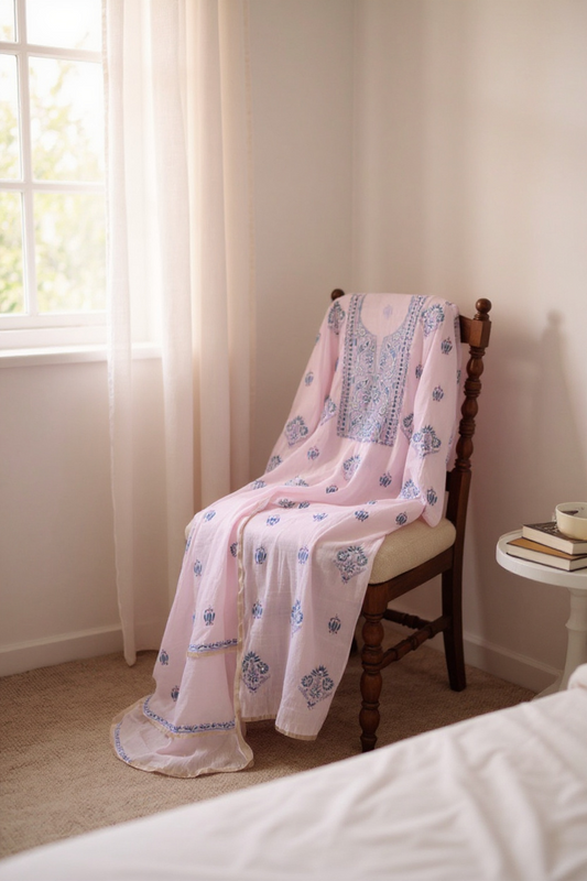 Powder Pink Mul Chanderi Suit with Blue & Purple Chikankari