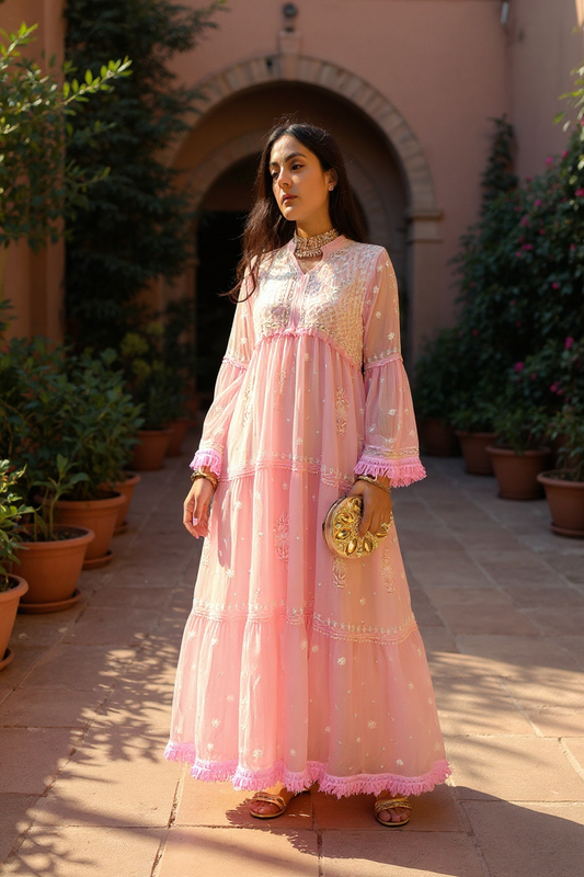 Powder Pink Dress with Chikankari & Embellishments