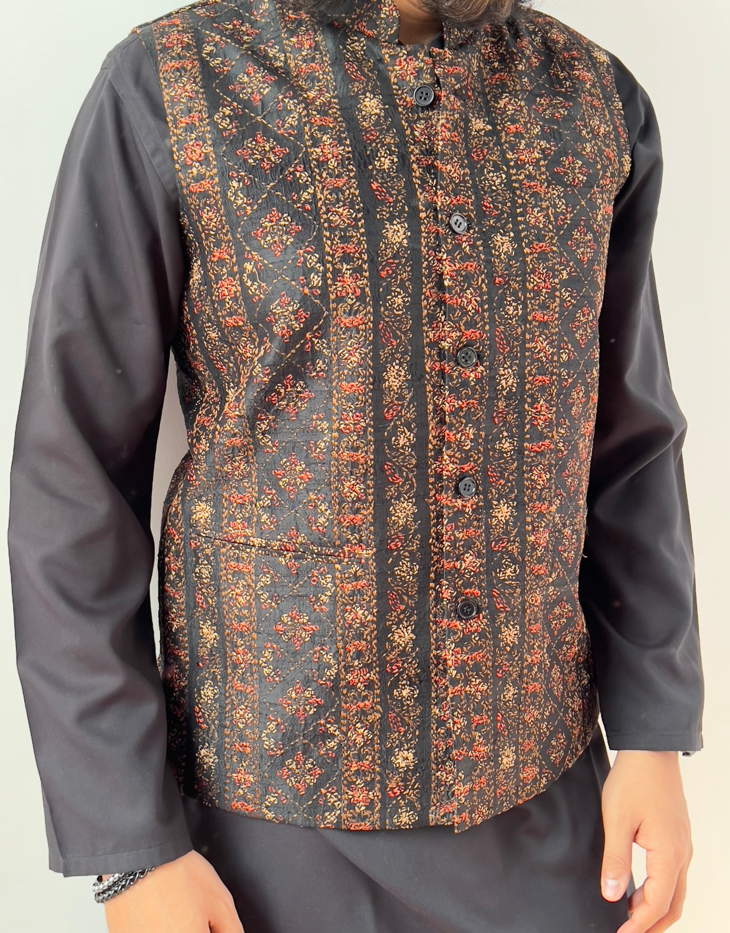 Black Pure Silk Jacket with Tepchi (Chikankari Stitch)