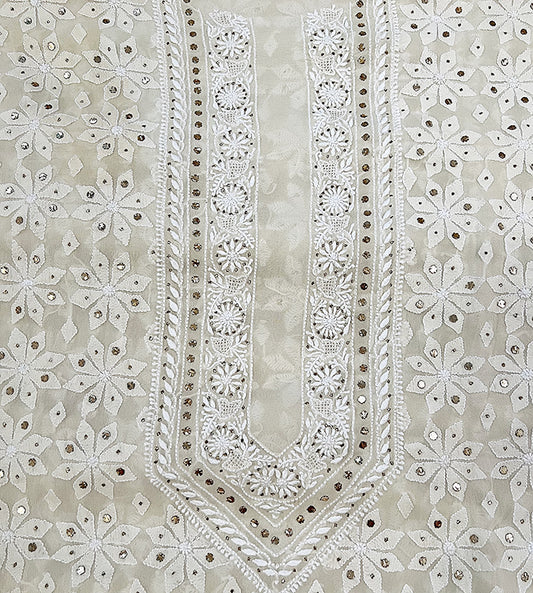 Close up of Ivory Pure Georgette Kurta with Chikankari & Mukaish