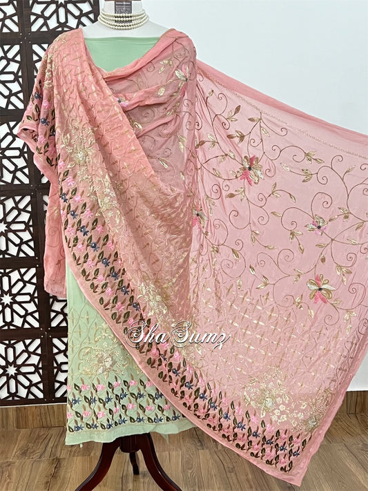 Pistachio Green & Blush Pink Crepe Silk Zardozi Suit