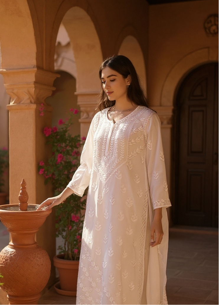 White Cotton Kurti with Chikankari
