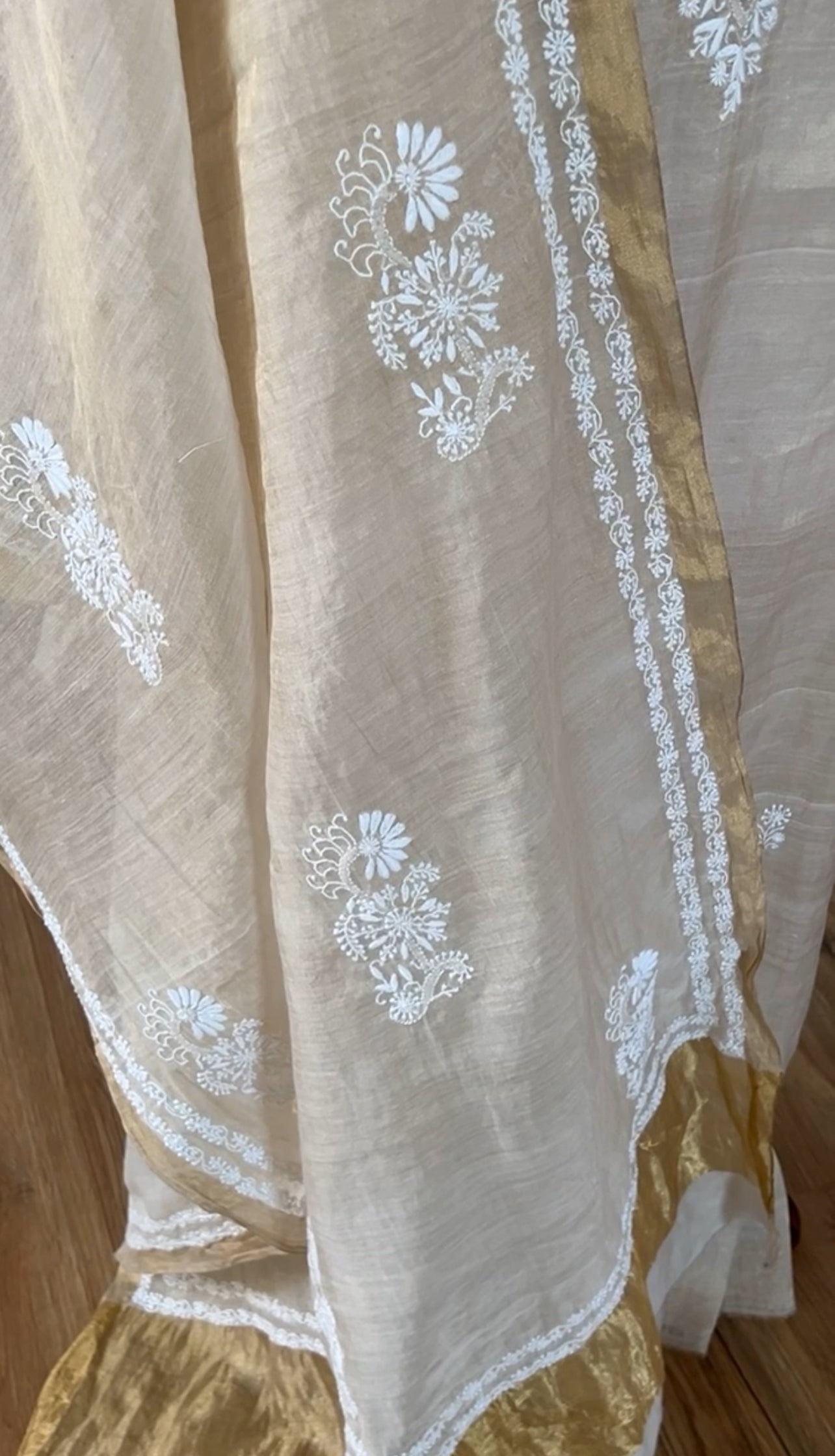 Golden Beige Tissue Chanderi Silk Suit with Chikankari & Kasab Haath Jaali