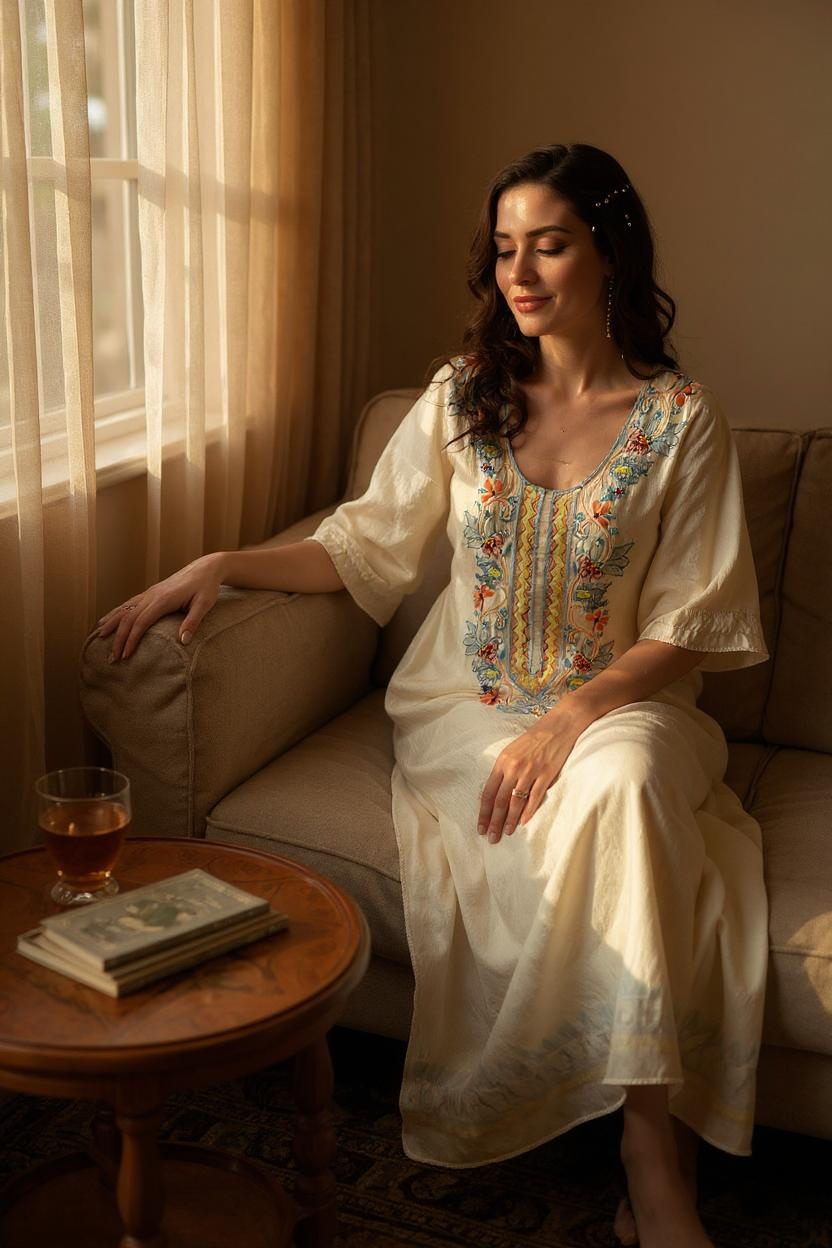 woman wearing ShaSumz Ivory Pure Silk Kaftan