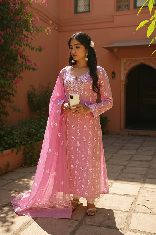 Woman wearing ShaSumz Rose Pink Mul Chanderi Suit