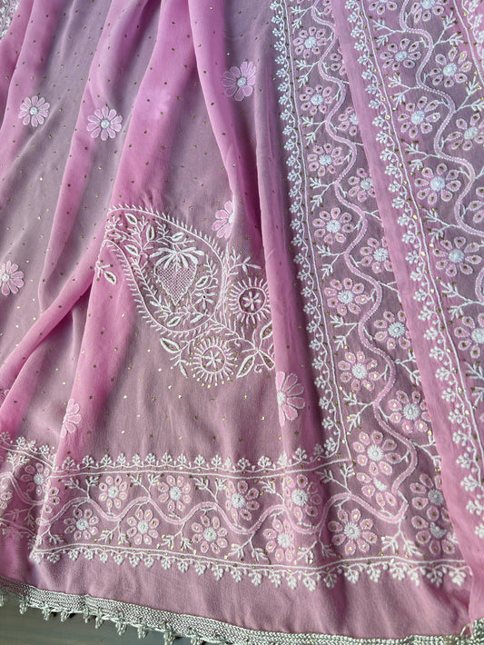 Rose Pink Do Taar Chikankari Paisley & Kamdani Pure Georgette Dupatta