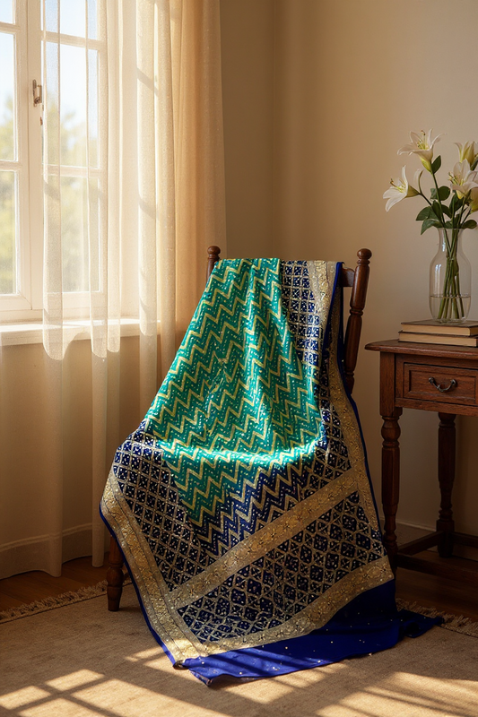 Royal Blue and Green Banarsi Bandhej Dupatta with Mukaish