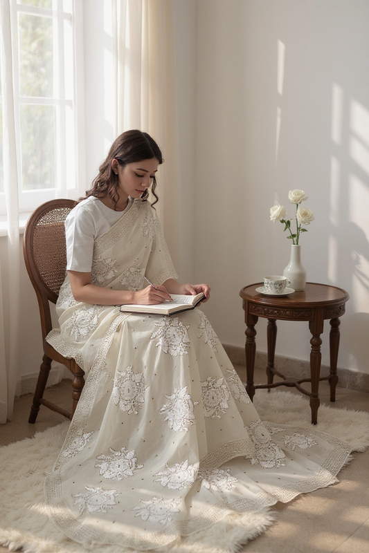 woman sitting in ShaSumz Chikankari & Mukaish Saree | Pure Georgette