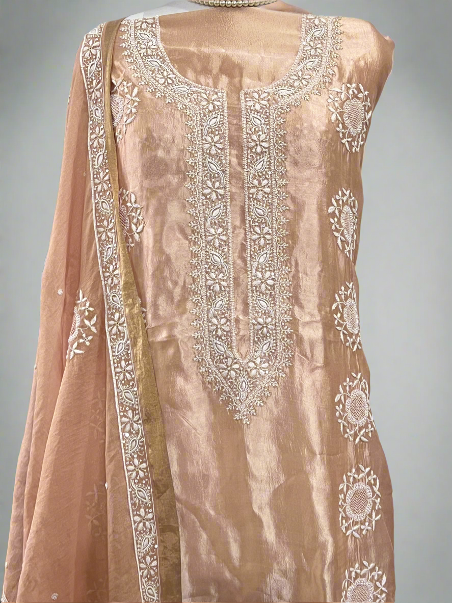 Peach Pure Silk Suit with Chikankari & Embellishments