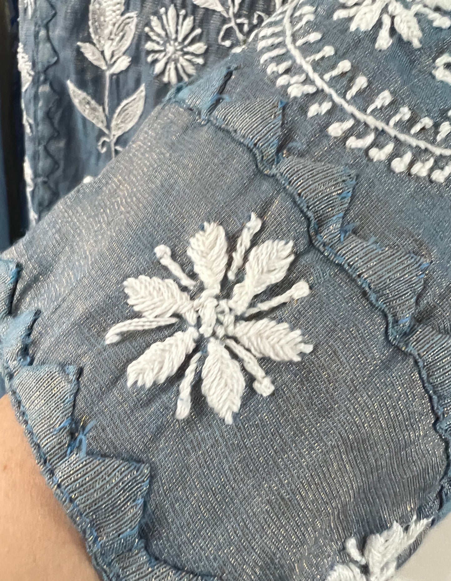 Blue Grey Tissue Chanderi Silk Suit with Chikankari and Embellishments