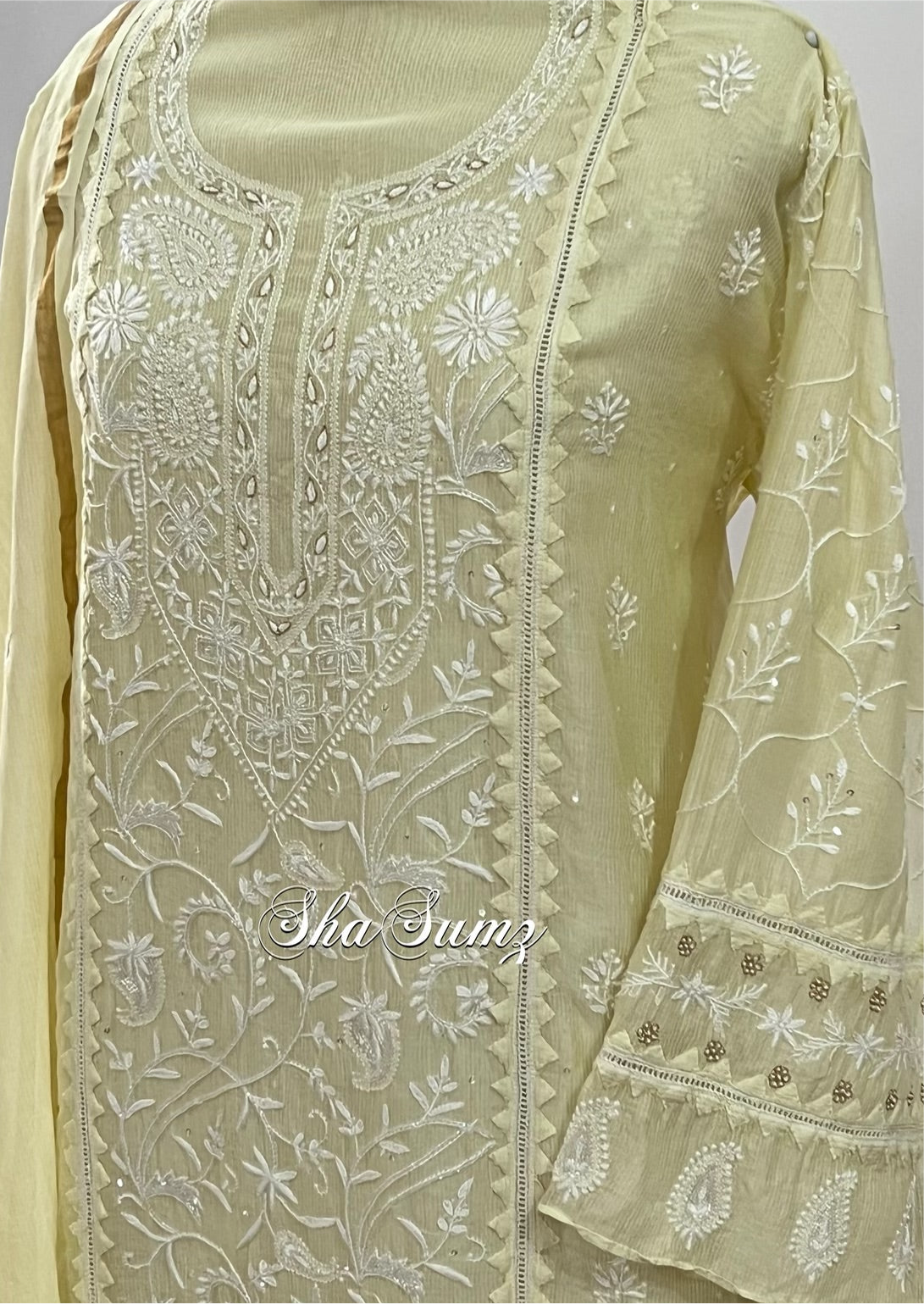 Ivory Chikankari Applique Maheshwari Cotton Embellished Suit