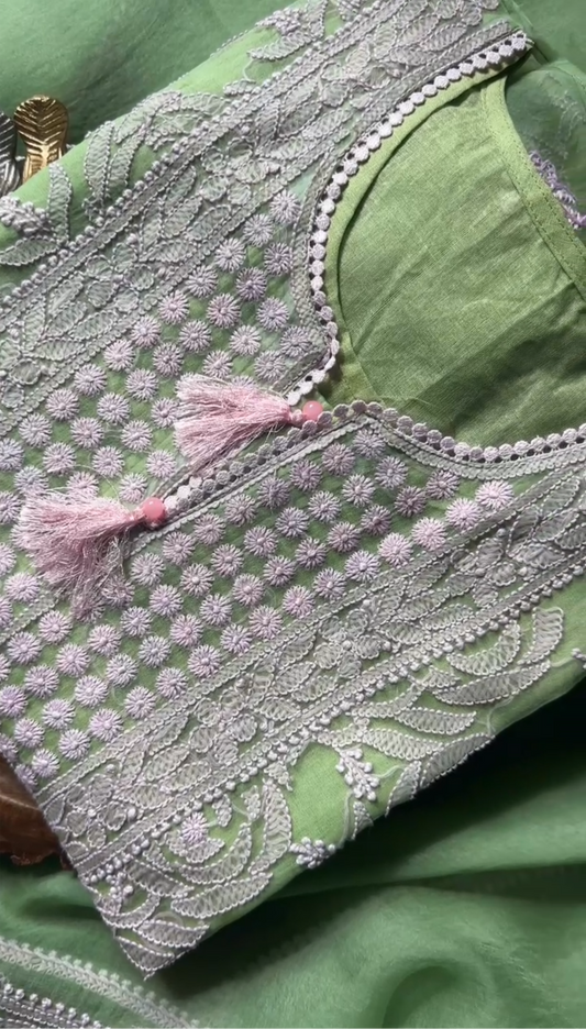 Apple Green Organza Chikan Suit