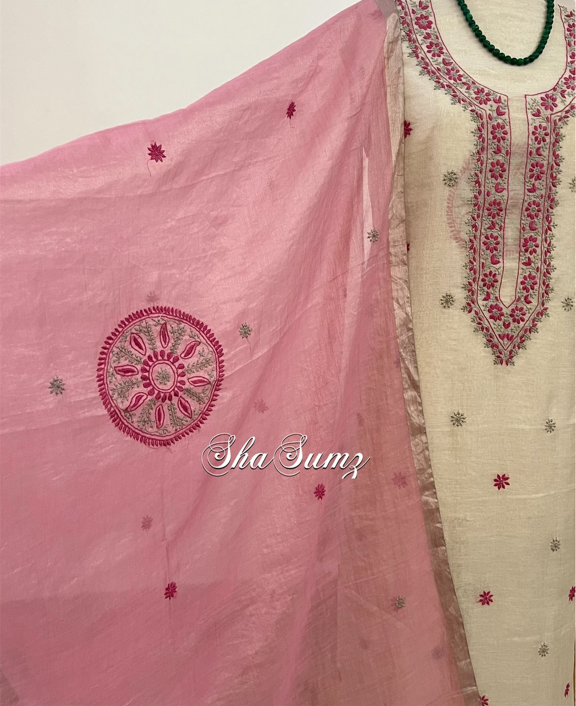 Silver Grey & Pink Tissue Suit with Chikankari