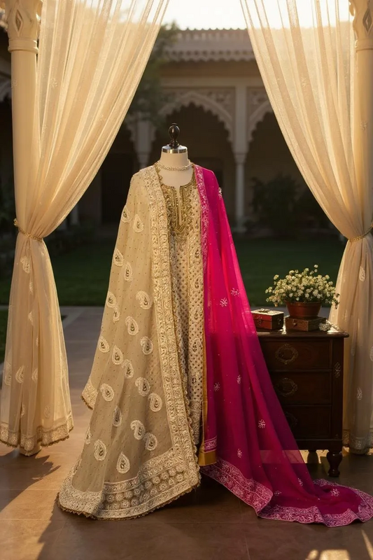 ShaSumz Cream-Gold Chikankari Ensemble with Fuchsia Dupatta