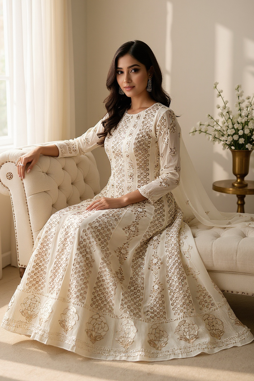 woman sitting in Mukaish & Pearls Anarkali