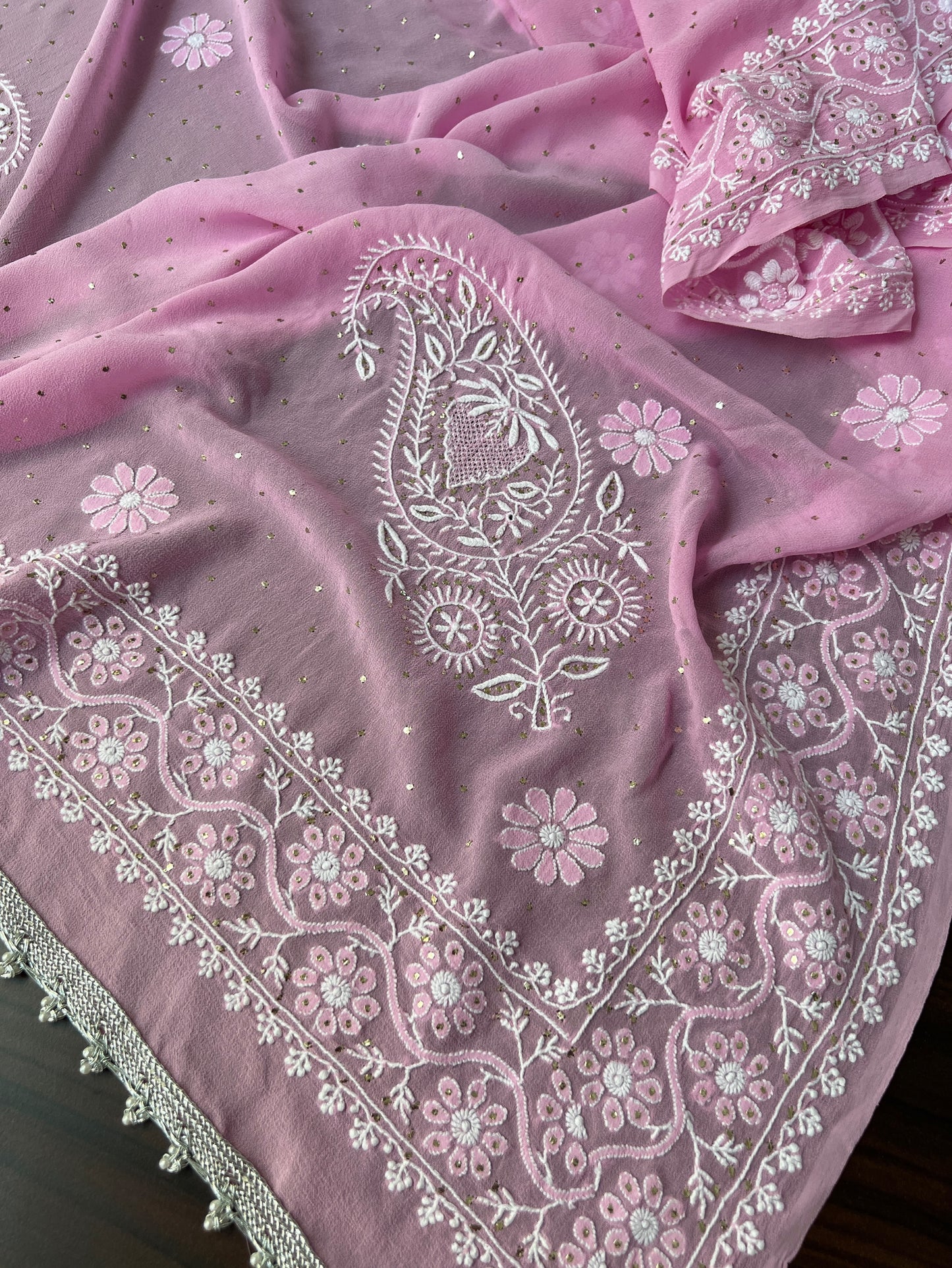 Rose Pink Do Taar Chikankari Paisley & Kamdani Pure Georgette Dupatta