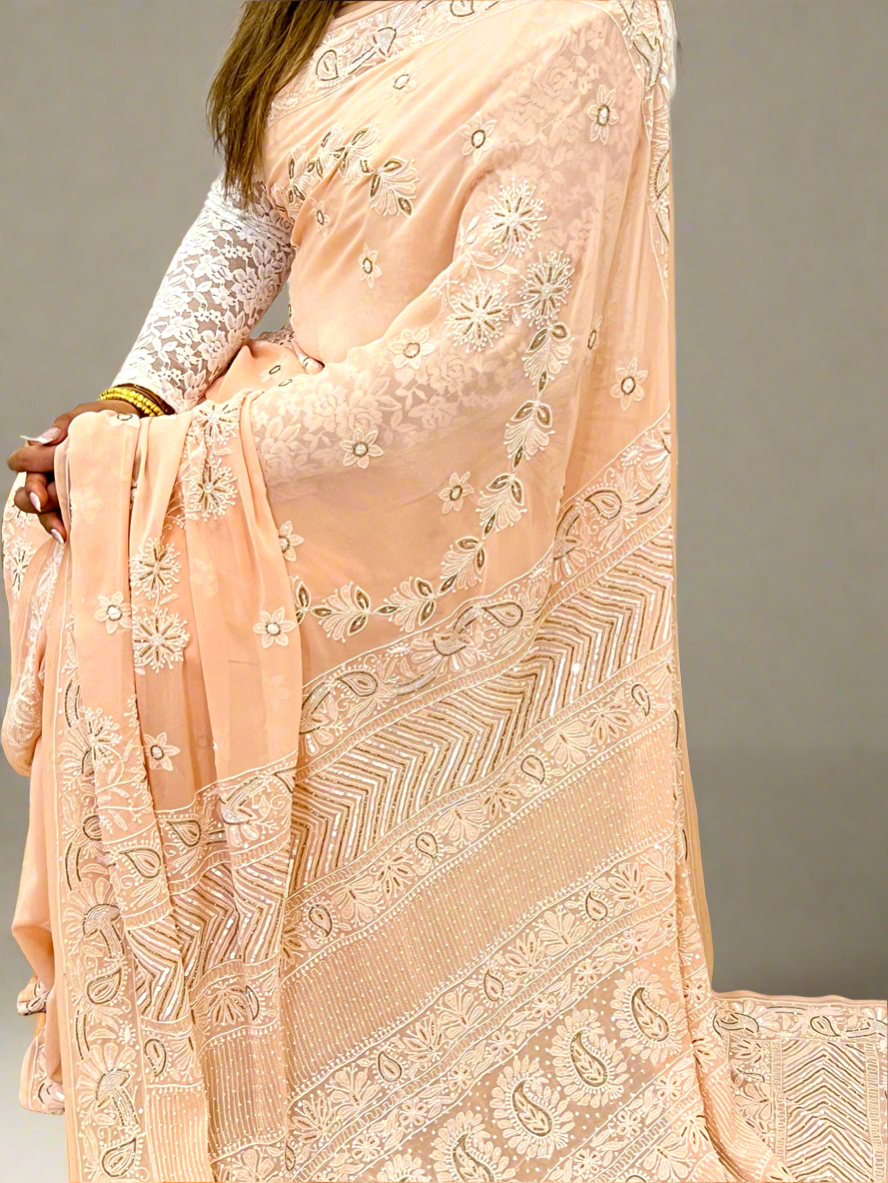 Pastel Peach Saree with Chikankari & Embellishments