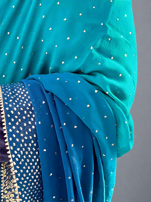 Pure Georgette Mukaish Saree in Peacock Blue-Green