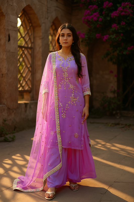 Ombré Lavender Organza Silk Suit with Badla Mukaish