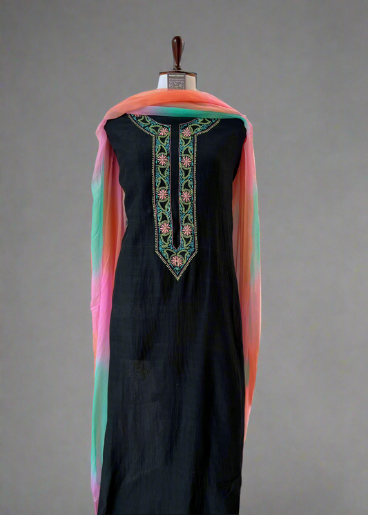 Black Mul Chanderi Kurta with Multi Color Chikankari