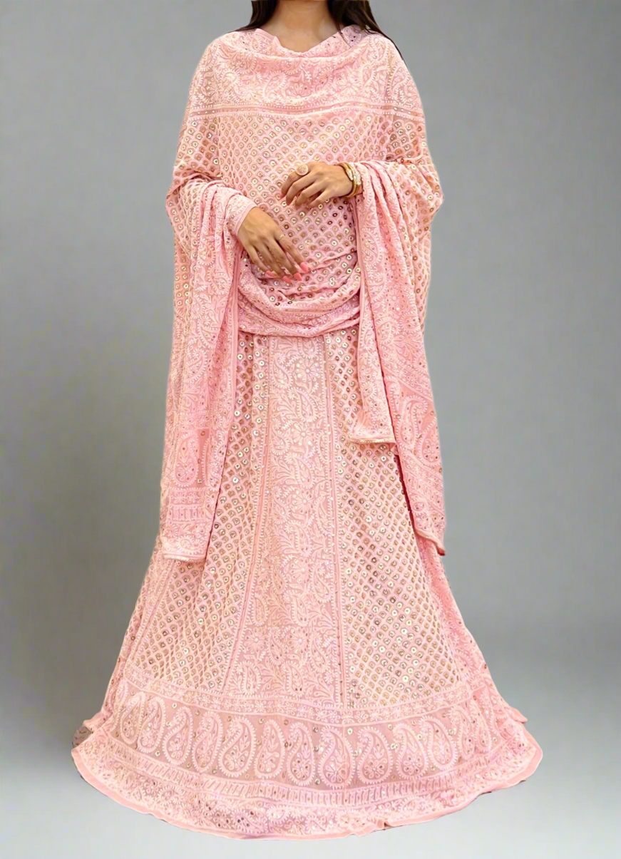 Pink Chikankari & Mukaish Lehenga Set