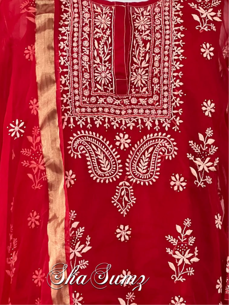 Crimson Red Organza Suit with Ivory Chikankari & Mukaish
