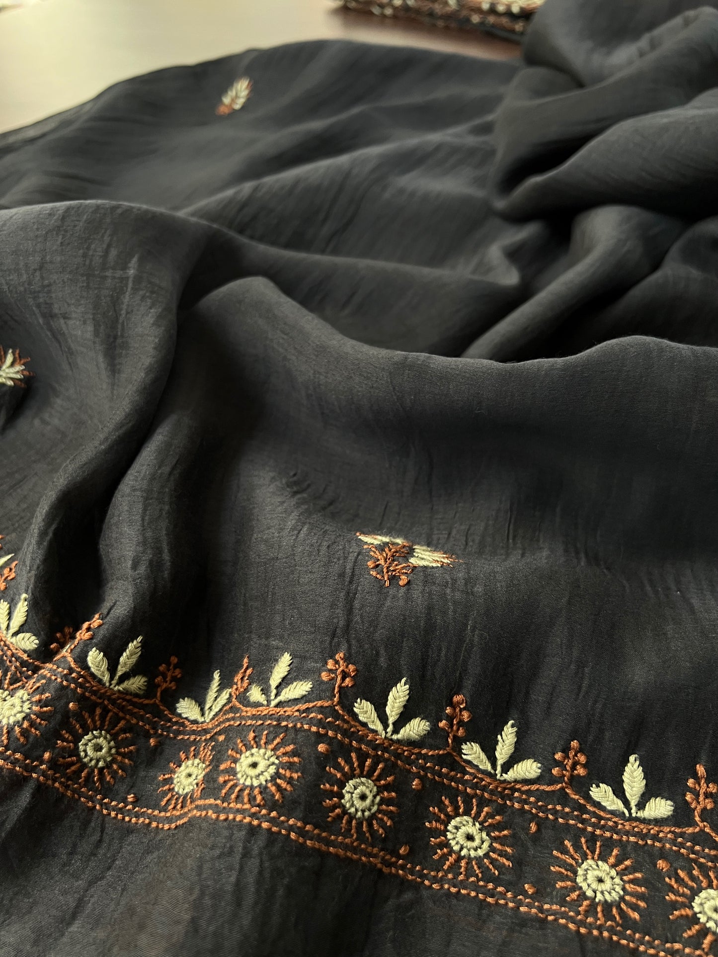 Black Mul Chanderi Suit with Dual tone Chikankari
