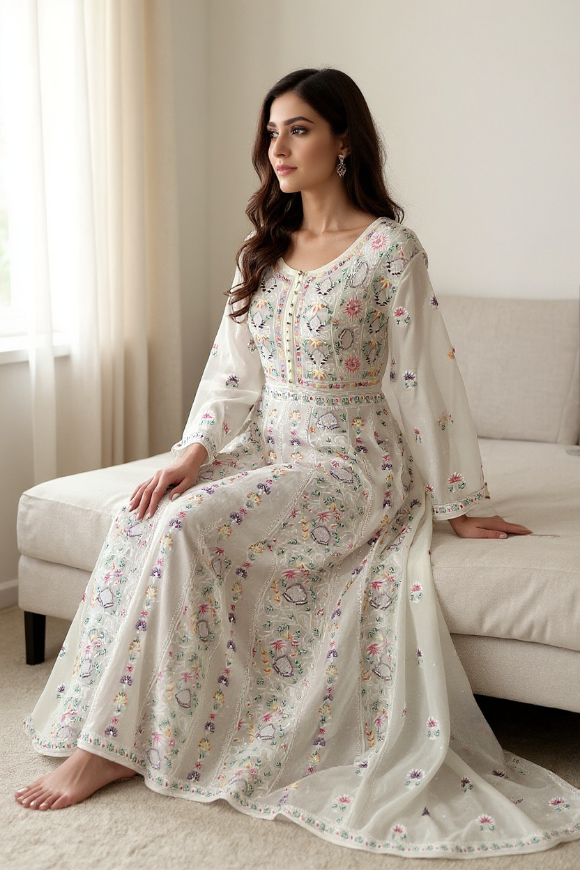 woman sitting ShaSumz Signature anarkali with multicolour resham