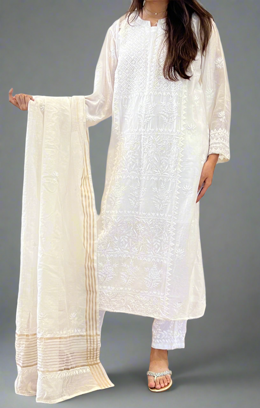 Classic Off White Pure Chanderi Silk Suit with Chikankari & Embellishments