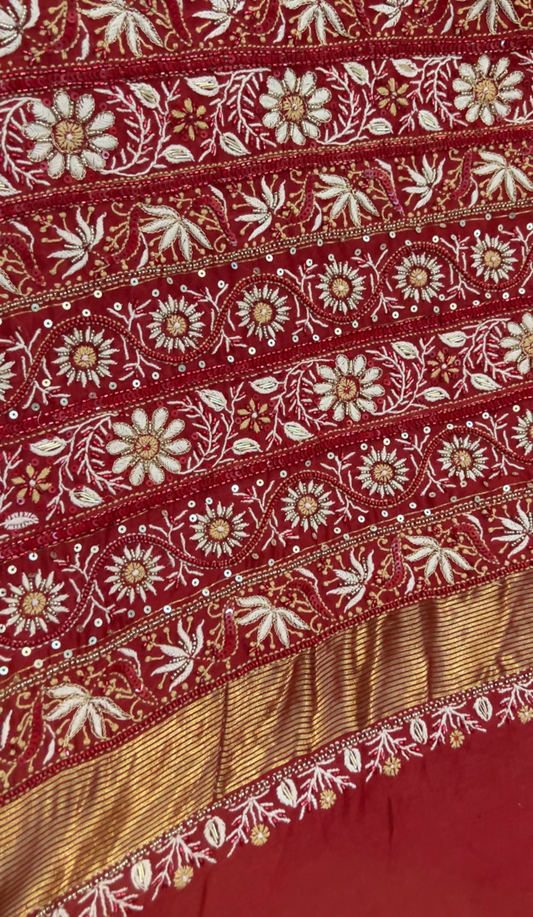 Red Chanderi Silk Saree - Chikankari and Embellishments