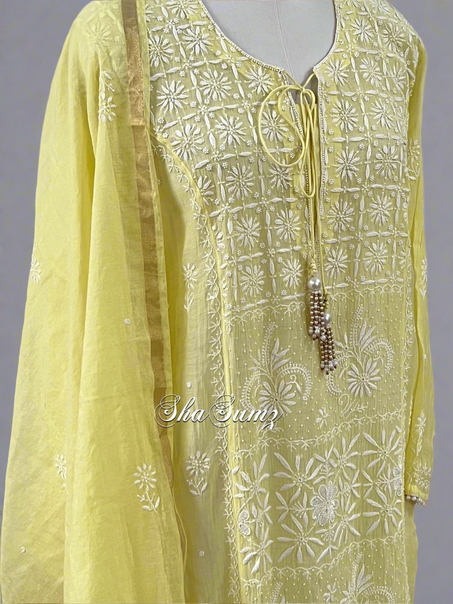 Lemon Yellow Mul Chanderi Chikankari & embellishments Suit