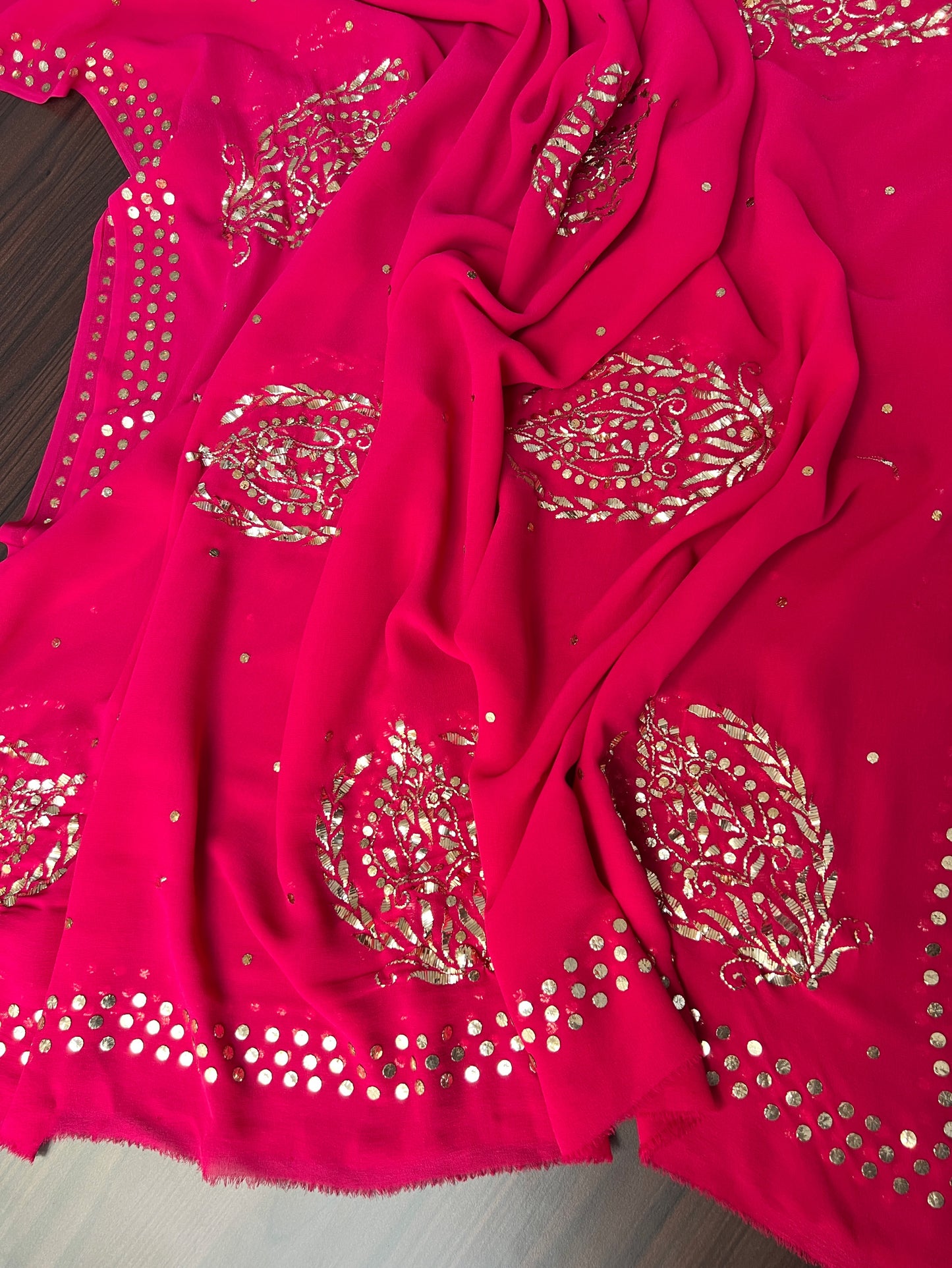Rani Pink Pure Georgette Dupatta with Gold Mukaish Badla