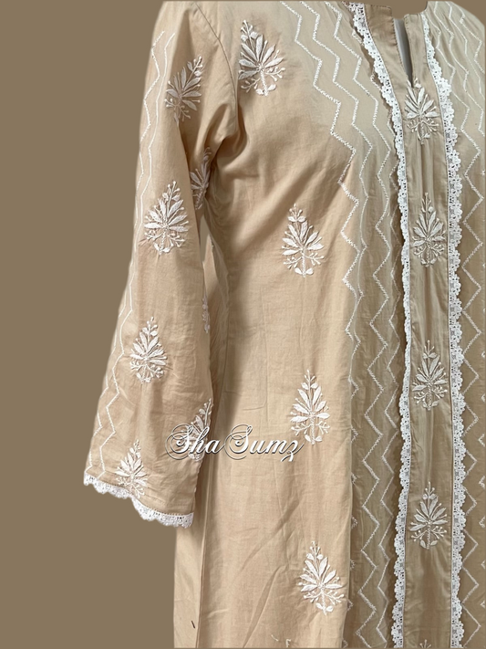 Beige Cotton Chikankari Kurti